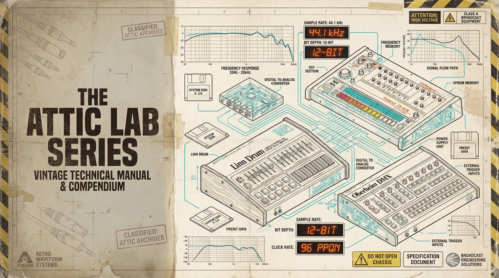 Weathered Attic Lab technical manual showing vintage drum-machine schematics